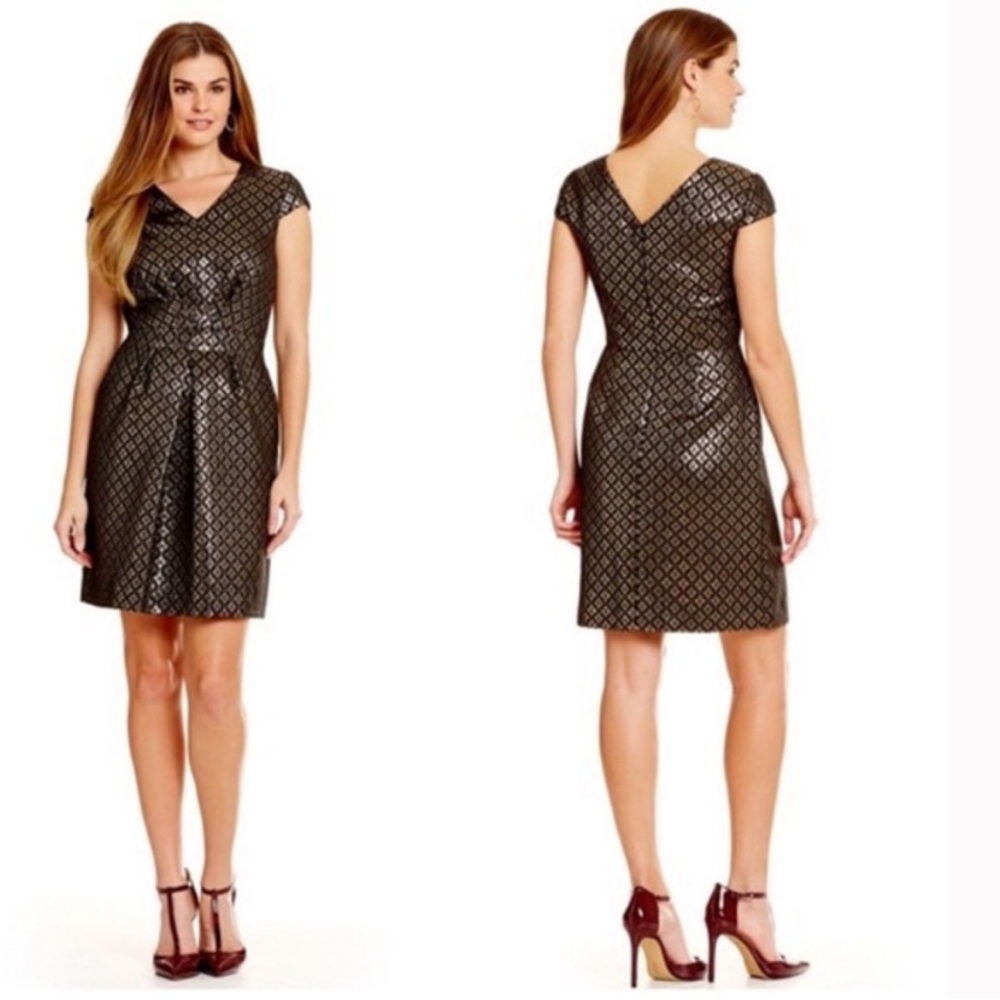 Cremieux Women's 14 Gold Brocade‎ Metallic & Black Shirt Sleeve Mini Dress Sz 14